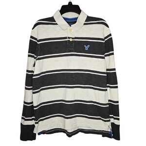 American eagle Y2K The Eagle Polo mens Medium striped long sleeve Cotton Gray